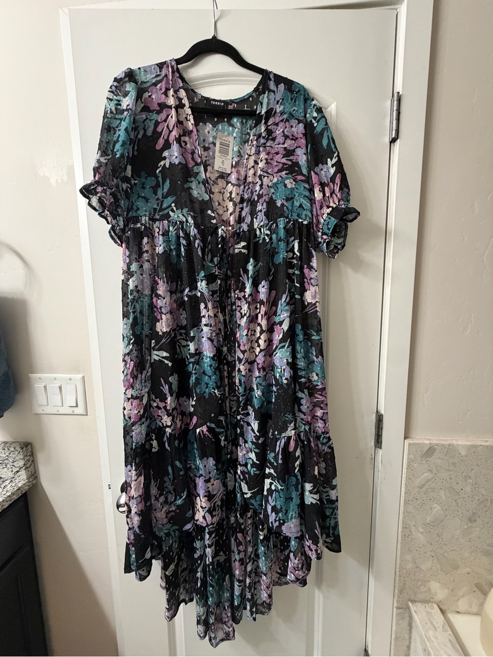 Floral V-Neck Ruffle Duster Kimono in Black with Teal & Lavender